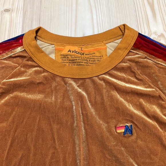 Aviator Nation Gold Velvet Sweatshirt with Red and Blue Stripes - Picture 2 of 9